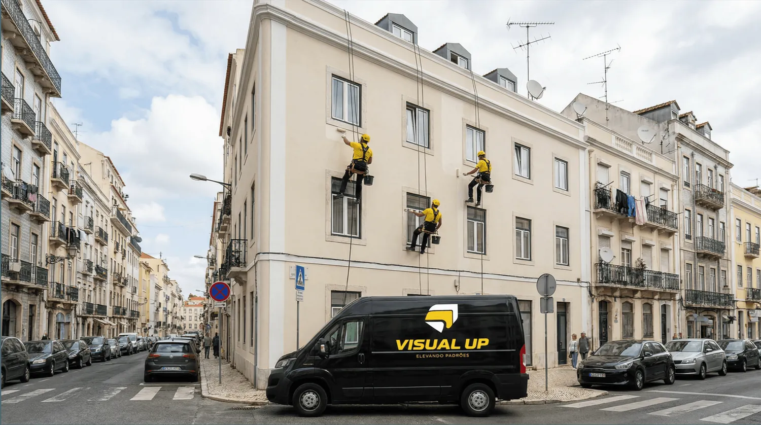 Equipa da Visual Up com coletes amarelos a pintar uma fachada em Lisboa.